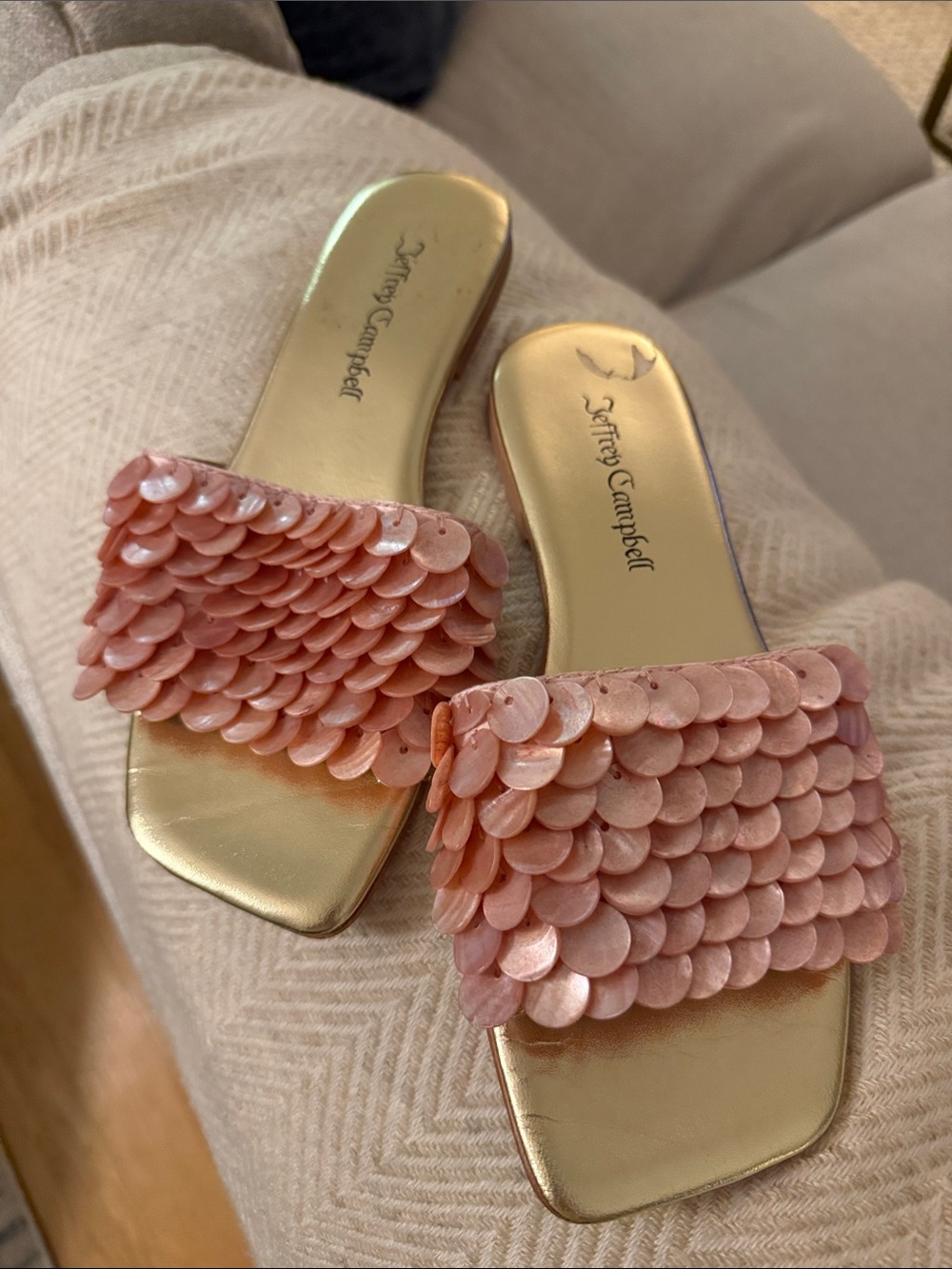 Jeffrey Campbell Fishy Pink Sequin Shell Slide Sandals with Gold Footbed